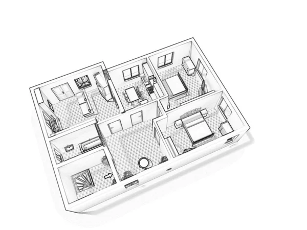 Sketch floor plan 3d illustration. Floor plan 3d with the furniture. Floor Plan. Apartment Blueprint with Construction Elements. House Project.