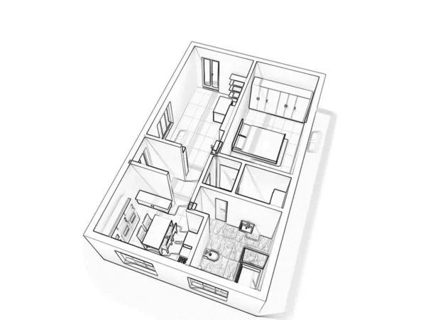 Skitse Grundplan Illustration Floor Plan Med Møbler Gulvplan Lejlighed Blueprint - Stock-foto