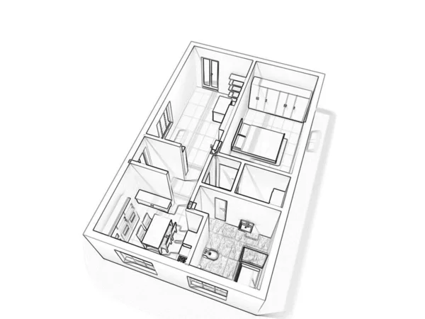 スケッチフロアプラン3Dイラスト 家具付きのフロアプラン3D フロアプラン 建設要素とアパートのブループリント 住宅事業 — ストック写真