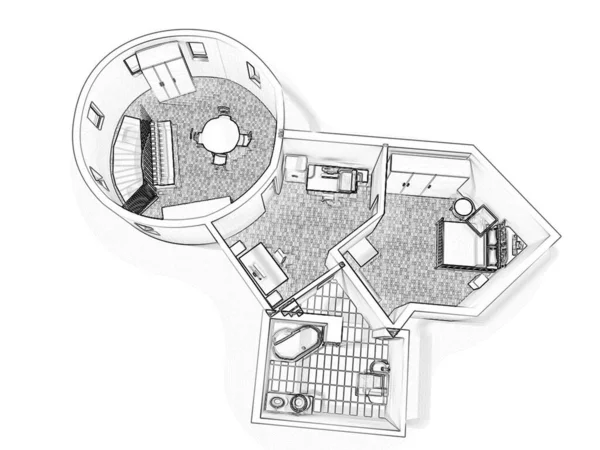 Schizzo Planimetria Illustrazione Pianta Con Mobili Piano Terra Progetto Appartamento — Foto Stock