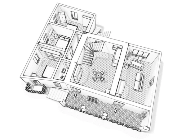 Çizim katının 3D çizimi. Mobilyalarla birlikte kat planı 3D. Kat planı. İnşaat elemanları olan bir apartman planı. Ev Projesi.