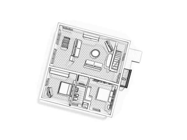 スケッチフロアプラン3Dイラスト 家具付きのフロアプラン3D フロアプラン 建設要素とアパートのブループリント 住宅事業 — ストック写真
