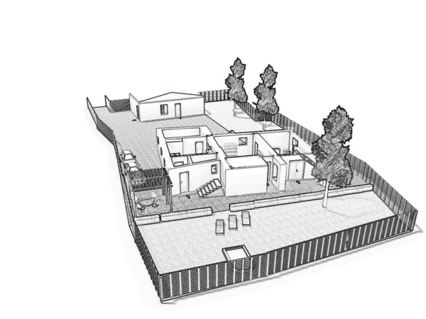 Çizim katının 3D çizimi. Mobilyalarla birlikte kat planı 3D. Kat planı. İnşaat elemanları olan bir apartman planı. Ev Projesi.