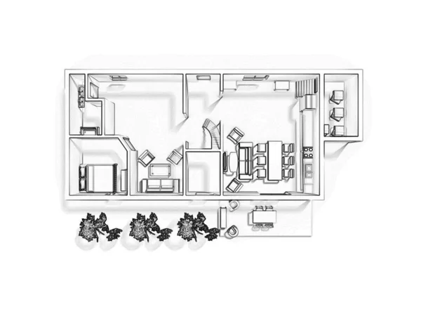 Sketch floor plan 3d illustration. Floor plan 3d with the furniture. Floor Plan. Apartment Blueprint with Construction Elements. House Project.