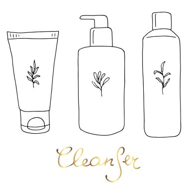 Yüz temizleme şişeleri, el çizimi vektör çizimleri.