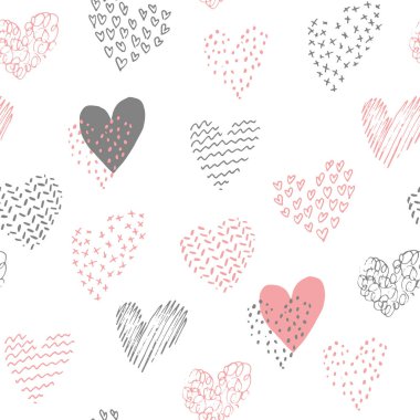 Elle çizilmiş kalplerle kusursuz vektör deseni.