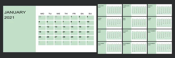 Kalender 2021 Jaarlijks Week Begint Maandag Vectorillustratie — Stockvector