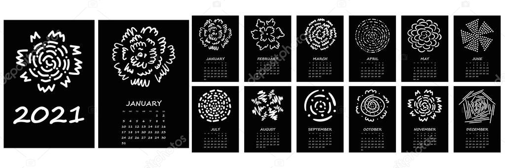 Calendar 2021 yearly. Week starts on Sunday. Vector illustration with hand drawn abstract flowers, black and white design.