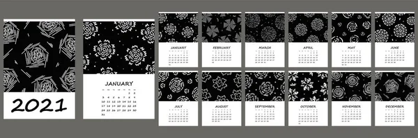 Kalender 2021 Jaarlijks Week Begint Zondag Vector Illustratie Met Hand — Stockvector