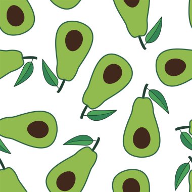 Avokadoların kusursuz deseni. Beyaz arkaplanda vektör illüstrasyonu.