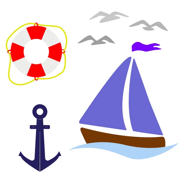 Illustrazione Vettoriale Insieme Elementi Marini Isolati Uno Sfondo Bianco Barca — Vettoriale Stock