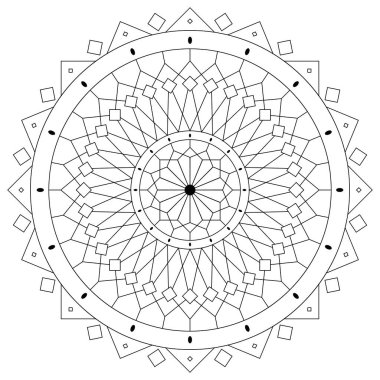 Mandala şeklinde dairesel desen. Etnik doğu tarzında dekoratif süs. Boyama kitabı sayfası. Beyaz arkaplanda izole edilmiş vektör illüstrasyonu.