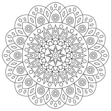 Mandala şeklinde dairesel desen. Etnik doğu tarzında dekoratif süs. Boyama kitabı sayfası. Beyaz arkaplanda izole edilmiş vektör illüstrasyonu.