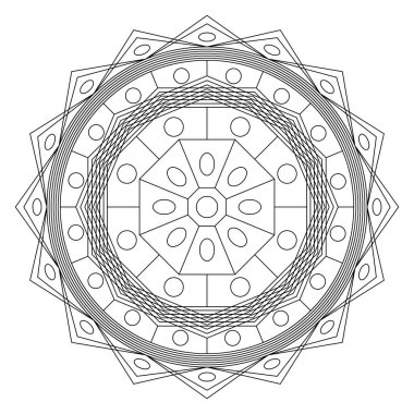 Mandala şeklinde dairesel desen. Etnik doğu tarzında dekoratif süs. Boyama kitabı sayfası. Beyaz arkaplanda izole edilmiş vektör illüstrasyonu.
