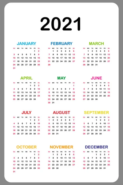 Kalender 2021 Jaarlijks Week Begint Zondag Vectorillustratie — Stockvector