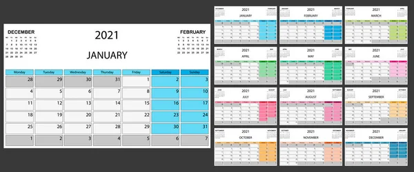 Calendar 2021 Yearly Week Starts Monday Vector Illustration — Stock Vector