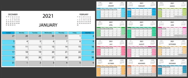 Calendar 2021 Yearly Week Starts Sunday Vector Illustration — Stock Vector
