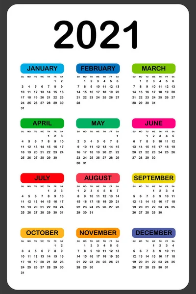 Calendario 2021 Anual Semana Comienza Domingo Ilustración Vectorial — Vector de stock