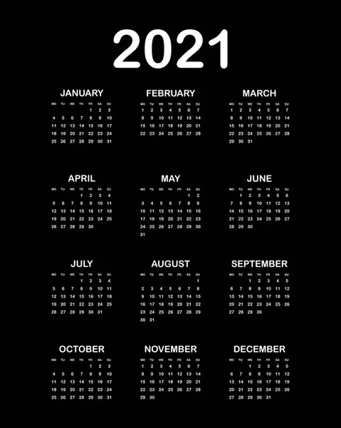 Calendar 2021 Yearly Week Starts Monday Vector Illustration Black White — Stock Vector