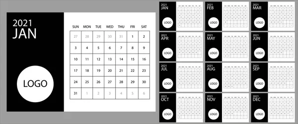 Kalender 2021 Jaarlijks Week Begint Zondag Vector Illustratie Zwart Wit — Stockvector