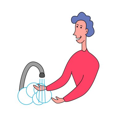 Adam ellerini yıkıyor. Beyaz arkaplanda izole edilmiş düz bir şekilde vektör illüstrasyonu. Covid-19 önleme.