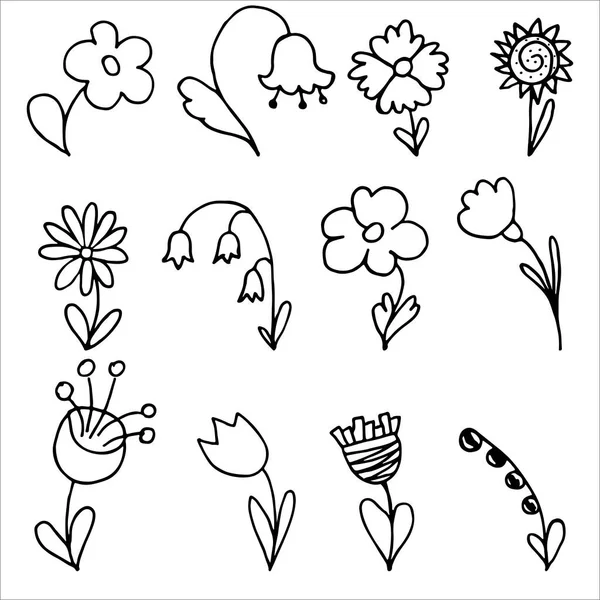 Blumenset Doodle Stil Isoliert Auf Weißem Hintergrund Handgezeichnete Vektorillustration — Stockvektor