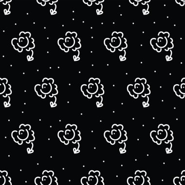 Siyah arka planda kusursuz soyut çiçek deseni. Soyut çiçek ve noktaların el çizimi vektör çizimi.