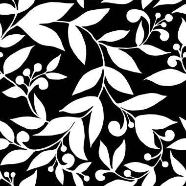 Siyah arka planda dalları ve yaprakları olan kusursuz bir desen. El çizimi vektör illüstrasyonu.