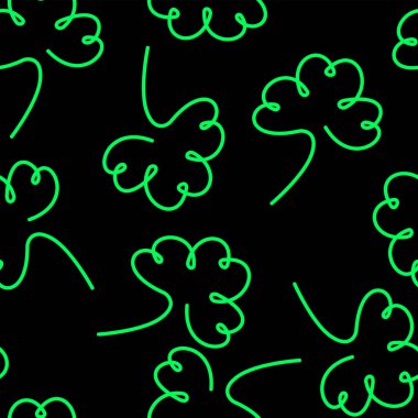 Yeşil arka planda karalama tarzı yonca yaprağı olan kusursuz soyut desen. El çizimi vektör illüstrasyonu.