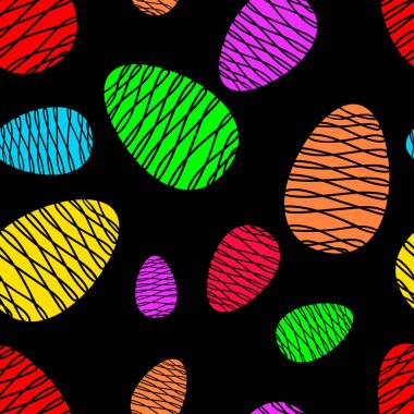 Kusursuz soyut desenli, siyah arka planda karalama tarzında paskalya yumurtaları. El çizimi vektör illüstrasyonu.