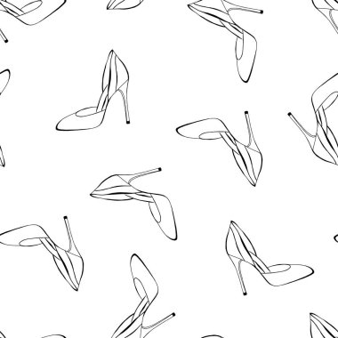 Yüksek topuklu ayakkabılarla kusursuz bir desen. Beyaz arkaplanda el çizimi vektör çizimi.