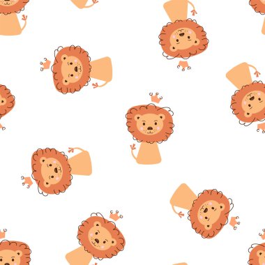 Tacın içindeki sevimli komik aslanların kusursuz desenleri. Beyaz arkaplanda vektör çizimi. İskandinav tarzı düz tasarım. Çocuk yazdırma kavramı.