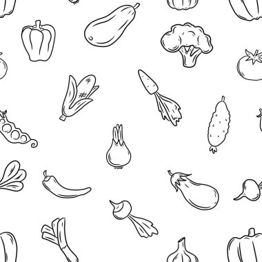 Kusursuz sebze deseni. Karalama biçiminde el çizimi vektör çizimi, beyaz arkaplanda izole edilmiş.