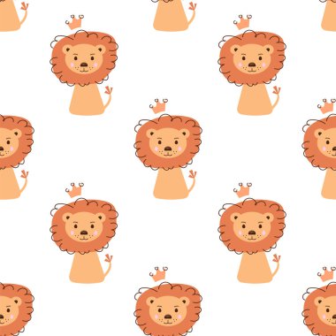 Tacın içindeki sevimli komik aslanların kusursuz desenleri. Beyaz arkaplanda vektör çizimi. İskandinav tarzı düz tasarım. Çocuk yazdırma kavramı.