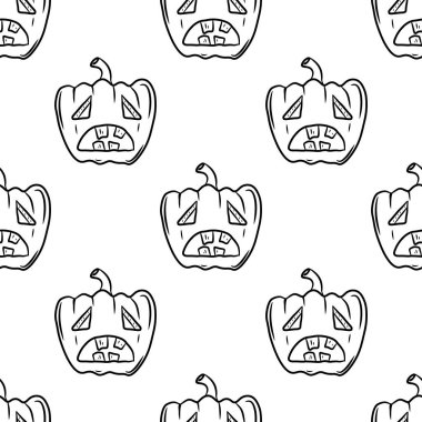 Ürkütücü Cadılar Bayramı balkabaklarıyla kusursuz desen. Beyaz arkaplanda karalama biçiminde el çizimi vektör çizimi.