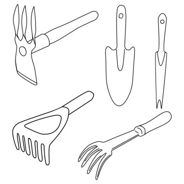 Bahçe aletleri seti. Beyaz arka planda izole edilmiş el çizimi vektör çizimi.