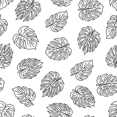 Yapraklı, kusursuz desenli canavar. Beyaz arkaplanda el çizimi vektör çizimi.