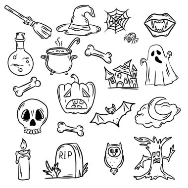 Cadılar bayramı ile ilgili bir takım unsurlar. Karalama biçiminde el çizimi vektör çizimi, beyaz arkaplanda izole edilmiş.