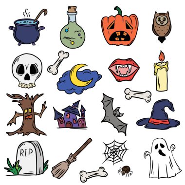 Cadılar bayramı ile ilgili bir takım unsurlar. Karalama biçiminde el çizimi vektör çizimi, beyaz arkaplanda izole edilmiş.