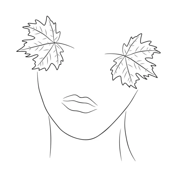 女人的脸是枫叶而不是眼睛 以线条艺术风格绘制的矢量图形 在白色背景下隔离 — 图库矢量图片