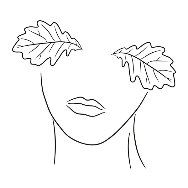 女人的脸是橡树叶而不是眼睛 以线条艺术风格绘制的矢量图形 在白色背景下隔离 — 图库矢量图片