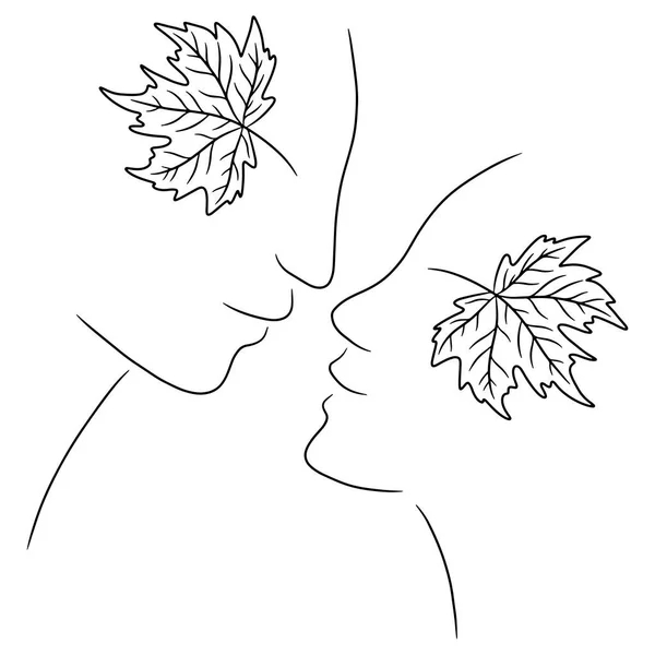 Visage Femme Visage Homme Avec Des Feuilles Érable Lieu Œil — Image vectorielle