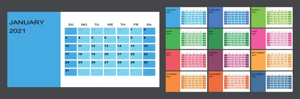 Kalender 2021 Jaarlijks Week Begint Zondag Vectorillustratie — Stockvector