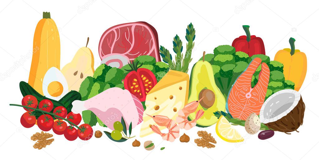 Healthy products composition set, good for keto diet nutrition. Illustration in a vector flat style - fish, meat, coconut, lemon, zucchini, egg, tomatoes cherry, shrimps, pepper, broccoli, asparagus