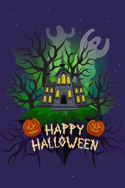 Biglietto Auguri Halloween Con Casa Infestata Titolo Lettering Disegnato Mano — Vettoriale Stock