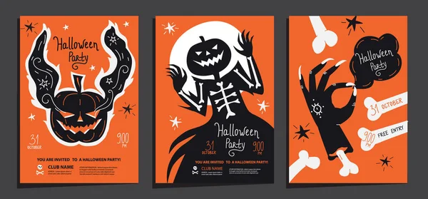 Хэллоуин Вечеринка Плакаты Приглашения Набор Шаблонов Призраком Тыквы Привидениями Джек — стоковый вектор