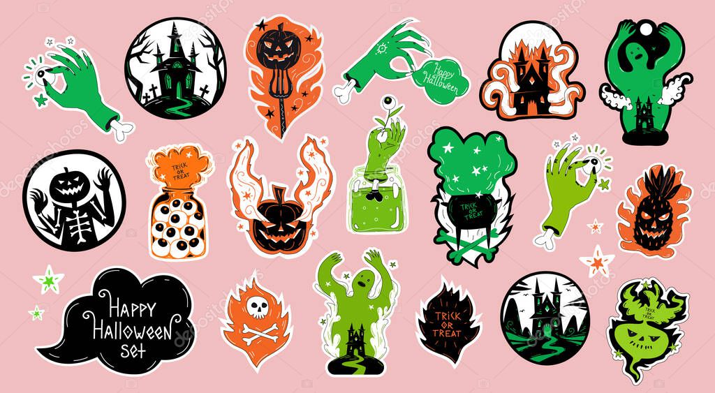 Halloween sticker pack set or  scrapbooking elements, badges, magnets. Stickers with ghost, Jack o lantern, pumpkin, turnips, zombie hands, magic cauldron  with Happy Halloween lettering title. Vector