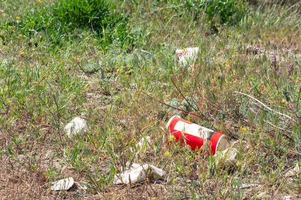 Spazzatura Natura Bicchiere Gettato Dal Fast Food Inquinamento Ambientale Rifiuti — Foto Stock