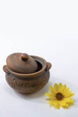 Pişirmek için kapaklı kahverengi kil tenceresi. Parlak, kaliteli bir tencere. Mutfak ve sofra için güzel aletler. Sığ alan derinliği.