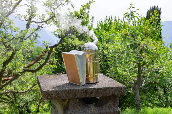 A smoker lit and ready for the beehive inspection. Cold smoke is used to calm the carniolan honey bees in a small private apiary on a green meadow in Trentino, Italy on a warm sunny day. — Stock Image Smoker Lit Ready Beehive Inspection Cold Smoke Used Calm Carniolan Stock Picture